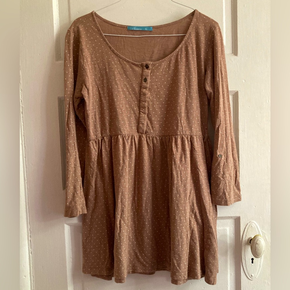 Brown Polka Dot Babydoll Cotton Tunic Dress